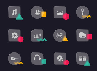 music glass morphism trendy style icons. music transparent glass vector icons with color memphis figures. for web and ui design, mobile apps and promo business advertising