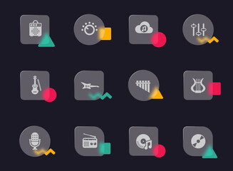 music glass morphism trendy style icons. music transparent glass vector icons with color memphis figures. for web and ui design, mobile apps and promo business advertising