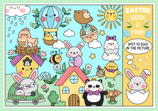 Vector Easter searching game with country house and kawaii characters. Spot hidden objects in the picture. Simple spring holiday seek and find page or egg hunt printable activity with bunny.