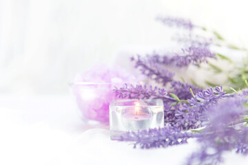 Spa beauty massage health wellness background.  Spa Thai therapy treatment aromatherapy for body woman with lavender flower nature candle for relax and summer time