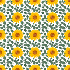 Sunflower watercolor seamless pattern. Yellow flowers garden farmhouse background. Summer flowers, autumn harvest flower with floral elements hand drawn illustration on white background