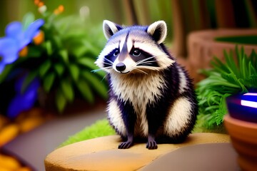a raccoon sitting on a rock in a garden with plants in the background made with generative AI made with Generative AI