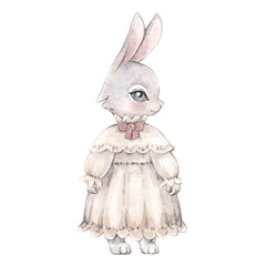 Watercolor vintage illustration with a white rabbit girl in a white dress with a pink bow. Isolated on white background.