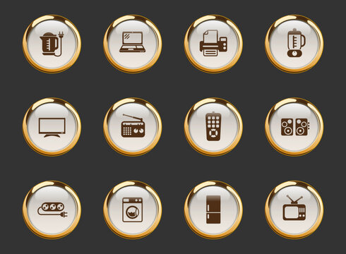 home appliances gold-rimmed vector icons on dark background. home appliances icons in gold frame for web, mobile and ui design