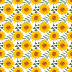Naklejka na ściany i meble Sunflower watercolor seamless pattern. Yellow flowers garden farmhouse background. Summer flowers, autumn harvest flower with floral elements hand drawn illustration on white background