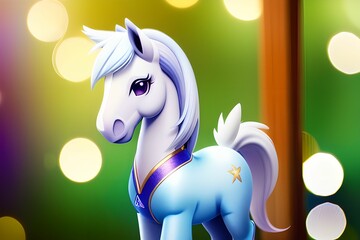 Obraz na płótnie Canvas a pegasus pony with standing in front of a window with bokeh lights in the background, made with generative AI made with Generative AI