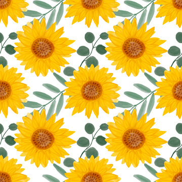 Sunflower watercolor seamless pattern. Yellow flowers garden farmhouse background. Summer flowers, autumn harvest flower with floral elements hand drawn illustration on white background
