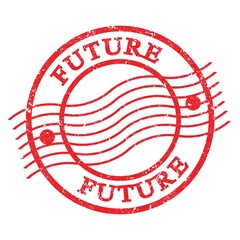 FUTURE, text written on red  postal stamp.