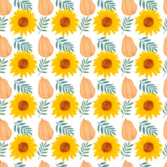 Sunflower watercolor seamless pattern. Yellow flowers garden farmhouse background. Summer flowers, autumn harvest flower with floral elements and pumpkin watercolor illustration on white background