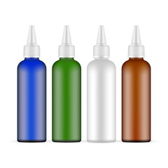 Plastic Squeeze Bottles With Twist-Open Dispensing Cap, Blue, Green, Brown, White Mockup, Various Sizes. Vector Illustration