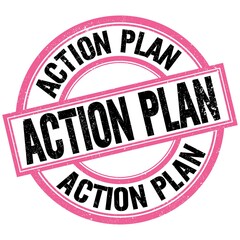 ACTION PLAN text on pink-black round stamp sign