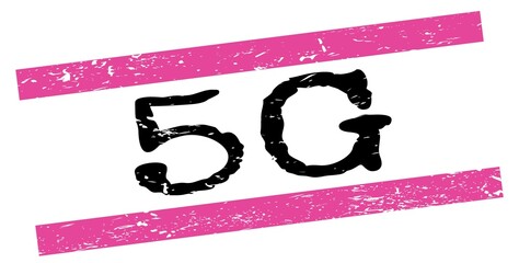 5G text on pink-black grungy lines stamp sign.