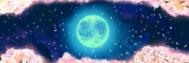 Obraz na płótnie Canvas 美しい満月と和風金箔すやり霞の雲と夜桜満開桜吹雪が神秘的に舞降る日本の風景背景イラスト