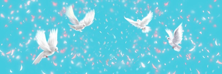 春爛漫、桜満開桜吹雪と平和の象徴白い鳩が舞う背景ワイドサイズイラストと水色背景