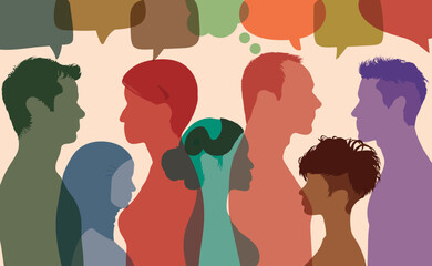 Dialogue between group of diverse people. Speech bubble and Communication. Flat vector illustration