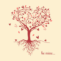 Beautiful Tree with Heart shaped root. Tree silhouette with Heart leaves. The art Tree is beautiful for your Valentine's Day design. Vector illustration.