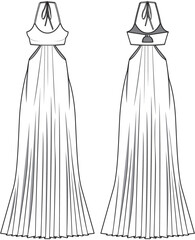 Pleated Hem Halter Neck Dress Front and Back View. Fashion Illustration, Vector, CAD, Technical Drawing, Flat Drawing, Template, Mockup.	