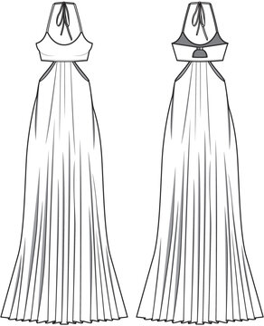 Pleated Hem Halter Neck Dress Front and Back View. Fashion Illustration, Vector, CAD, Technical Drawing, Flat Drawing, Template, Mockup.	