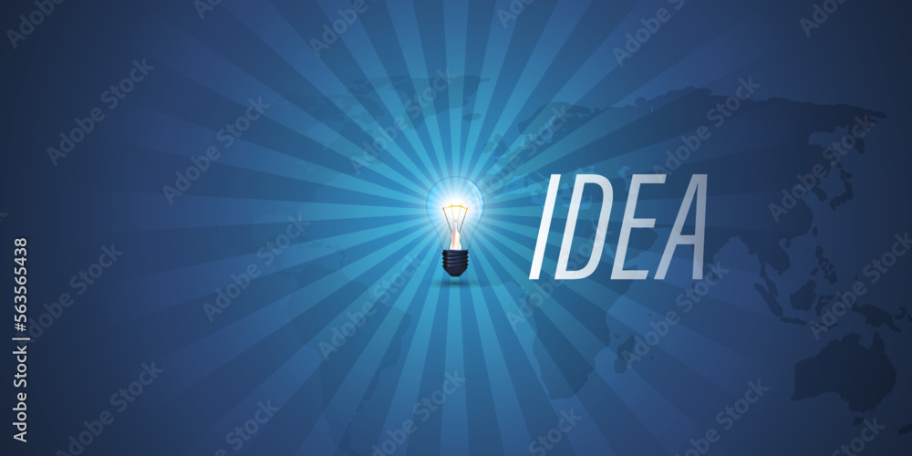 Poster blue glowing radiating light bulb,ideas,creativity concept design template with copy space - dark wo