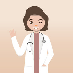 Fototapeta premium Front view doctor character. Doctor character creation set with face emotions, poses and gestures. Cartoon style, flat vector illustration.Female doctor. finger pointing up, holding clipboard.