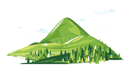 Group of green mountains with spruce forest around, nature tourism landscape illustration isolated, sample creative mountains composition © Oceloti