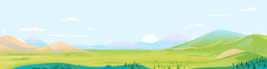 Obraz premium Big panorama of green mountains in sunny day with spruce forest and blue sky in simple geometric form, nature tourism landscape background, travel mountains adventure illustration