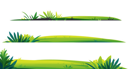 Green lawns with grass and plants on white background, composition of plants on the sunny lawn