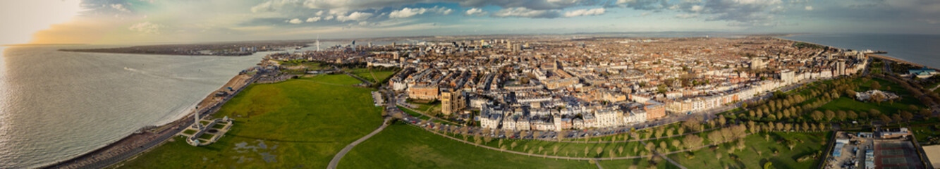 Fototapeta premium Aerial view of the town and the bay of Portsmouth, Southern England