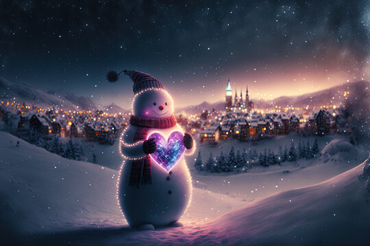 Snowman holding a heart. Valentines day snowman. Winter valentines day background. I love you card