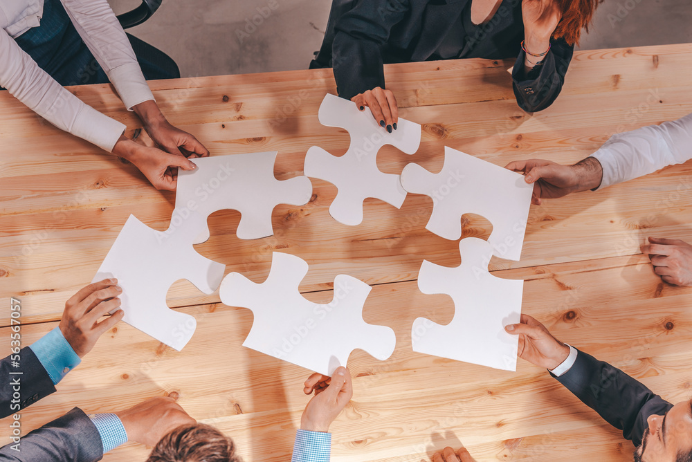 Poster teamwork of partners connect puzzle pieces as integration and startup