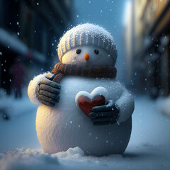 Fototapeta Snowman holding a heart. Valentines day snowman. Winter valentines day background. I love you card obraz