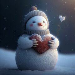 Fototapeta Snowman holding a heart. Valentines day snowman. Winter valentines day background. I love you card obraz