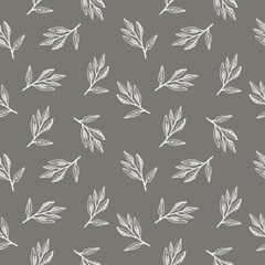 Fototapeta premium Cute seamless repeat pattern with sage leaves on gray background, botanical motif. Hand drawn sage in pattern for textile, wrapping paper and packaging design. 