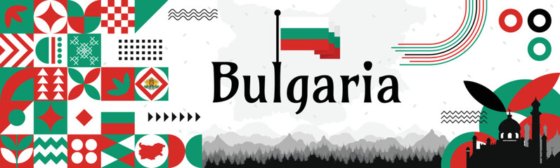 Bulgaria independence Day banner with name and map. Flag color themed Geometric abstract retro modern Design. White, red and green color vector illustration template graphic design.