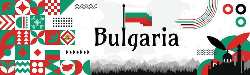 Fototapeta premium Bulgaria independence Day banner with name and map. Flag color themed Geometric abstract retro modern Design. White, red and green color vector illustration template graphic design.