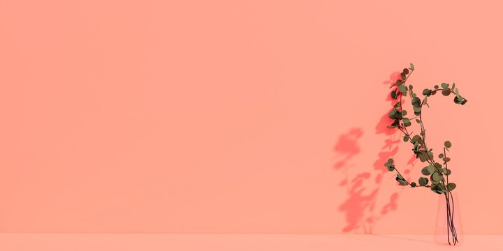 eucalyptus leaf flower vas vase with light pink color. Romantic Light background with copy space. 3D rendering  for presentation and cosmetic product