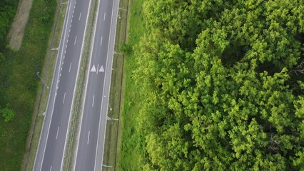 road crossing the forest on a sunny summer day. aerial view. road to the field