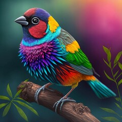 The Rainbow Finch This bird is a small, brightly colored finch with a multicolored plumage of red, orange, yellow, green, blue and purple. Generative AI