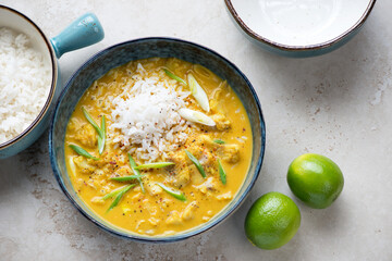 Fish yellow curry and white rice on a light-beige stone background, horizontal shot, high angle view