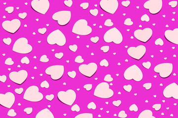 Minimal love, Valentine's Day idea. Seamless pattern of pastel pink hearts on vivid pink background.