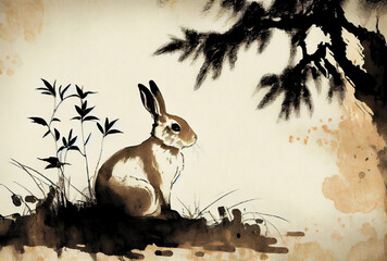 Rabbit in Chinese ink drawing style. Generative AI