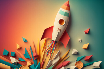 rocket paper fly over colorful background, business concept, lead rocket stand out of other paper rocket follower illustration of leadership success, generative ai