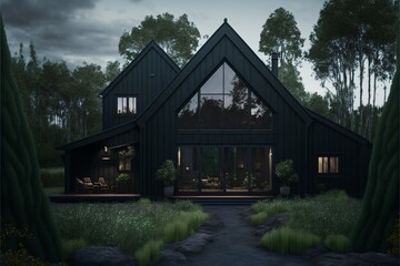 black house with big windows in a forest, generative ai