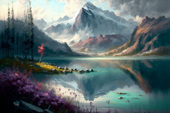 Stunning landscape painting of lake and mountains, generative AI