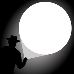 a man hoding a flashlight shining on the wall for copy space silhouette. business, illustration, website, graphic resource, promotion, banner, sale, print, black and white - obrazy, fototapety, plakaty