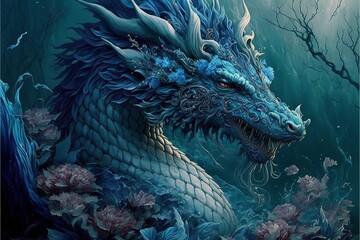 A close up of the fantasy beast of ancient Chinese mythology, Azure Dragon