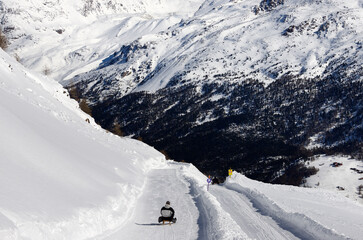 five km sledding run from Hannig to Saas-Fee with spectacular views along the way, Saas-Fee,...