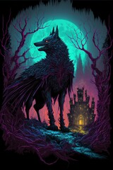 Fototapeta premium wolf in the dark fantasy forest, Generative AI