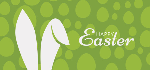 Happy Easter. Banner, poster, greeting card with typography, bunny ears, and eggs. Vector illustration.
