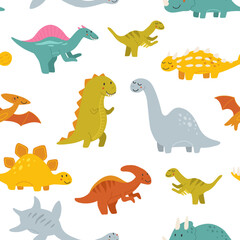 Vector seamless pattern with cute baby dinosaurs. Hand drawn brontosaurus, tyrannosaurus, pterodactyl, triceratops, stegosaurus, spinosaurus, plesiosaurus, ankylosaurus, velociraptor, parasaurolophus